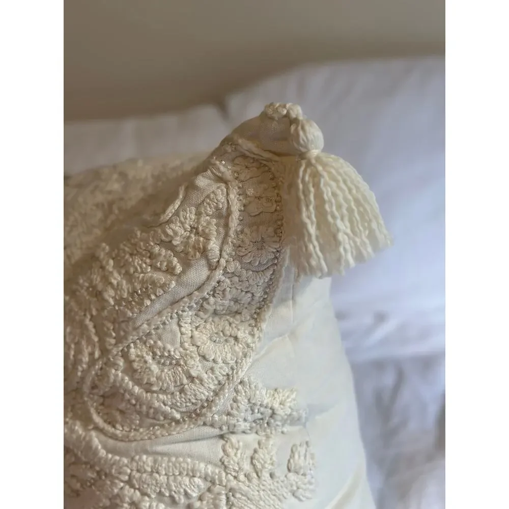 Boho Embroidered Throw Pillow 20x20 Cream Off White Beaded Tassels Decorative